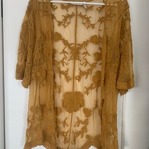LUQ mustard color lace/sheer short sleeve cardigan